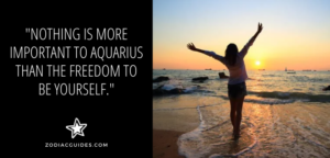 woman with her arms in the air at the ocean at sunset with a quote about aquarius men being attracted to women who are unique
