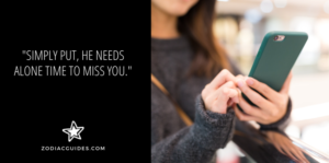 close up of a woman texting with a quote about not contacting aquarius men to make them miss you