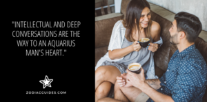 couple having coffee on a couch with a quote about aquarius men liking intellectual conversations