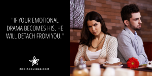 couple sulking at a restaurant with a quote about not bringing emotional drama in a pisces man relationship