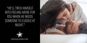 close up of a couple kissing on a bed with a quote about pisces males pretending to have feelings for you