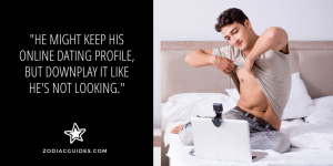 man taking shirt off in front of webcam with a quote about pisces man acting shady while dating you