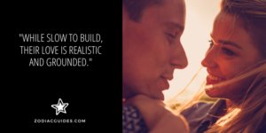 close up of a couple smiling with quote about taurus and virgo in love