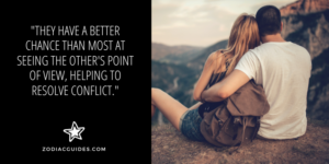 couple hugging looking at the sky on a mountain with a quote about taurus and virgo being good at resolving conflict