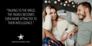 couple laughing in bed with a quote about Taurus being attracted to Virgo intelligence