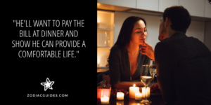 couple on a dinner date with a quote about taurus guys wanting to pay for you when they like you