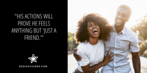man and woman laughing arm in arm with a quote about a taurus man showing he has feelings for you