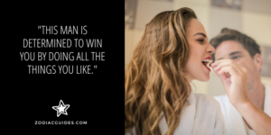 man feeding woman chocolate with a quote about taurus men trying to win your heart