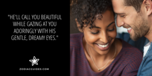man gazing at woman with a quote about taurus guy being romantic