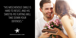 taurus man giving a woman flowers and chocolates with a quote about taurus being romantic