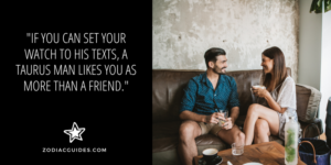 couple having coffee on a couch with a quote about taurus man texting you on a schedule when he likes you