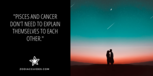 silhouette of a couple against a sunset with a quote about cancer and pisces understanding each other